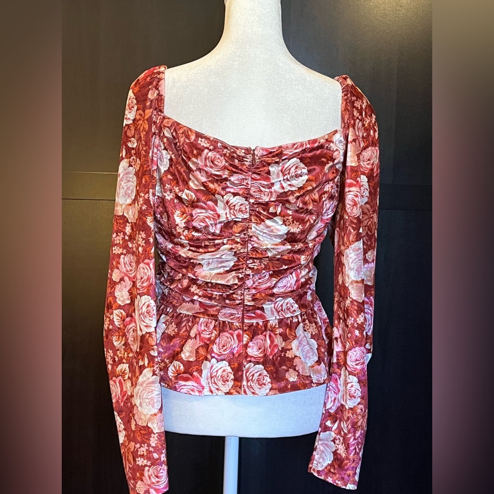 WAYF long-sleeve peplum top w/ floral print. Sweetheart neck. Red, cream. S. NWT - Picture 4 of 12